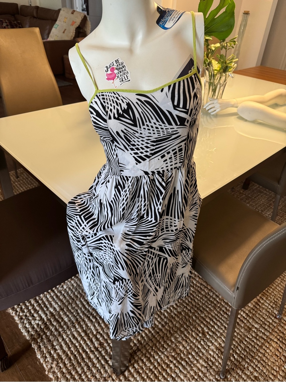 Black & White Asymmetrical Spaghetti-Strap Dress with Lime Trim
